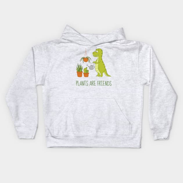 Plants are friends - Cute dino watering his houseplants Kids Hoodie by sziszigraphics